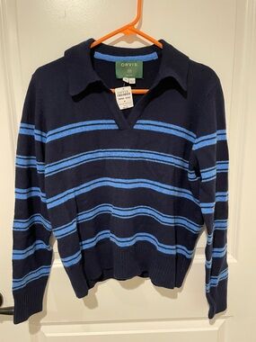 Orvis Navy Sweater with Light Blue Stripes V‑Neck Polo